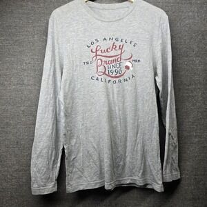 Lucky Brand Mens Long Sleeve Graphic Tee Heather Grey Santa Hat Los Angeles